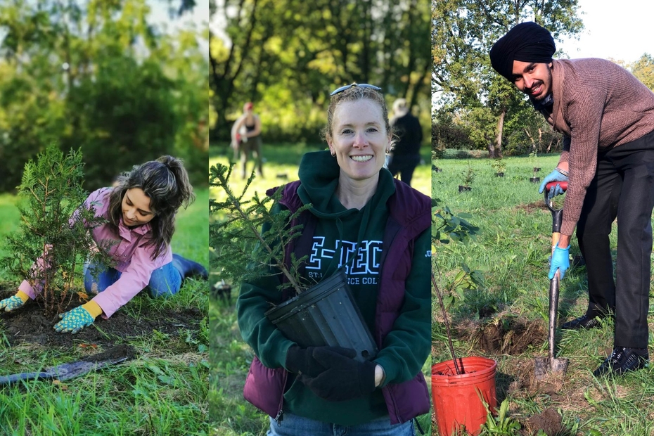 Gabrielle Ethier, Jordan Ann Kevan de Haan, Gurnoor Singh are shown planting trees